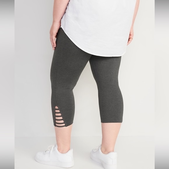 Old Navy High Rise Cropped Lattice Hem Leggings Sark Gray Elastic Waistband New - Picture 2 of 8